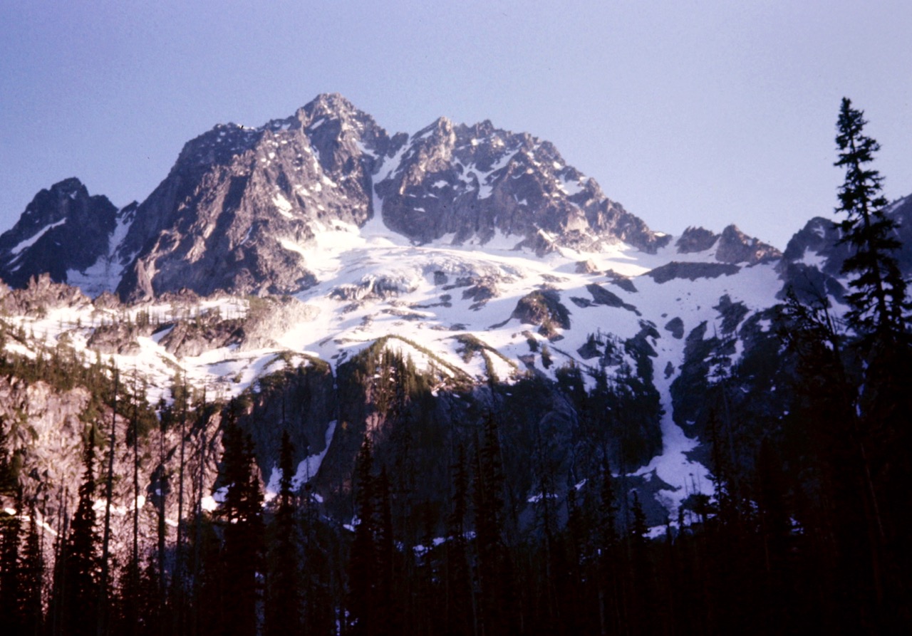 The towering north face of Mt Stuart seen from Lake Stuart in the Icicle Mountains
