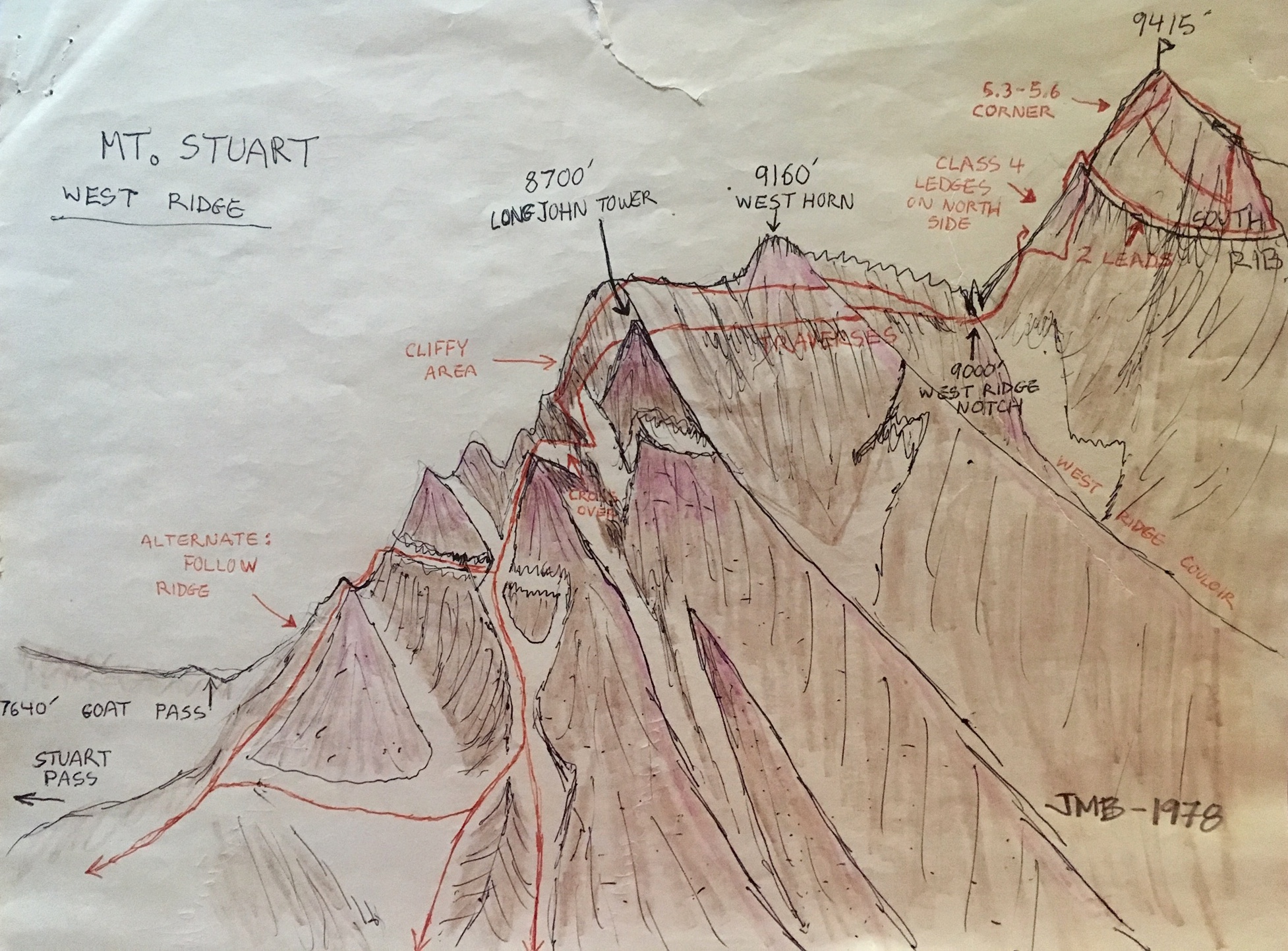 Mt Stuart West Ridge Vinage Hand Sketched Route Map from 1978