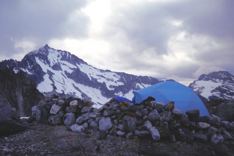 Snow-covered Mt Buckner is seen from Sahale Arm in the North Cascades