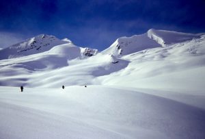 Backcountry skiers ascend the vast Nordic Glacier above Sorcerer Lodge in the Selkirk Mountains