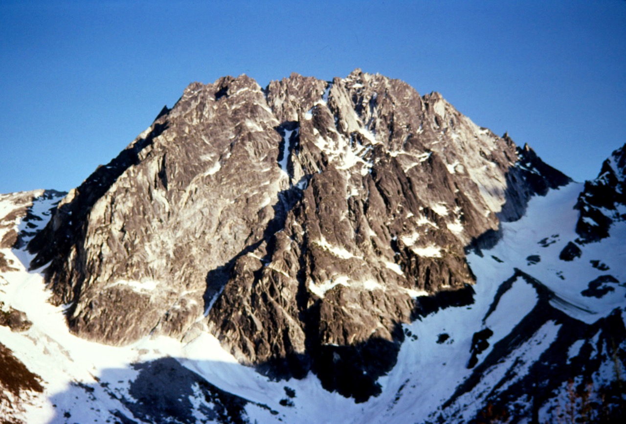 Evening sun lights up the North Face of Dragontail Peak as seen from Colchuck Lake