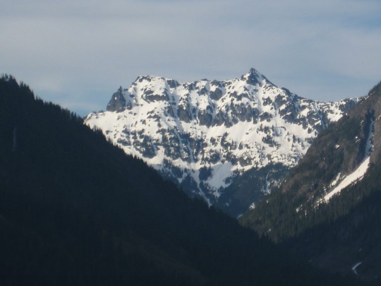 Distant mountain view of Chikamin Peak in the Snoqualmie Mountains