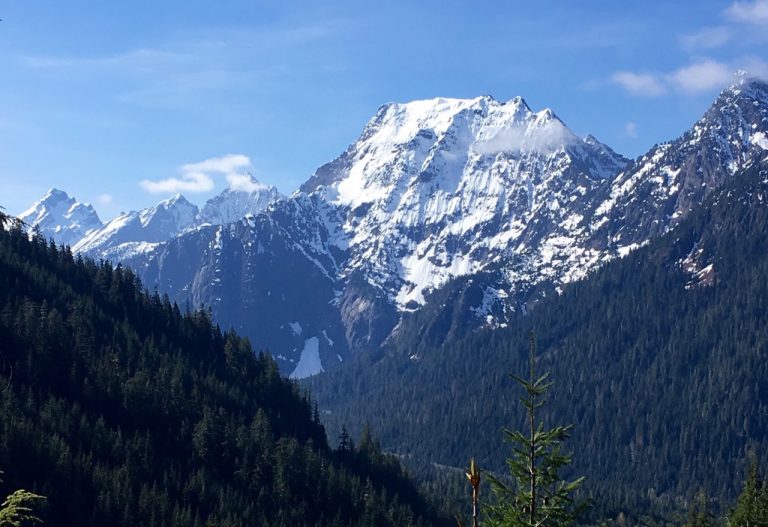 Snow-covered Big Four Mtn stands above the forested Stillaguamish River Valley