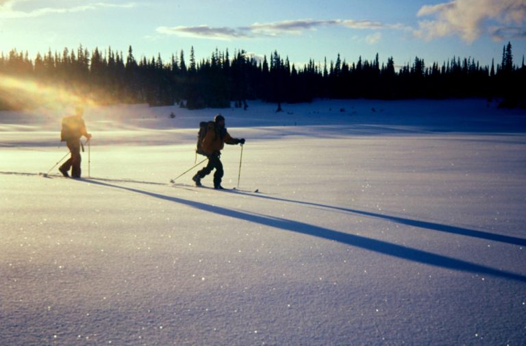 Two skiers cast long shadows across Fight Meadow during the Trophy-Table-Fight Ski Traverse