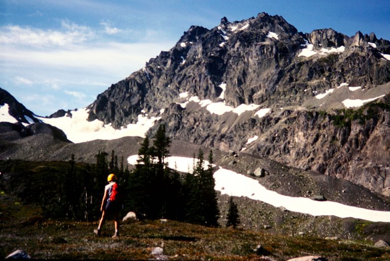 A hiker walks through a grassy meadow below the dark cliffs of Mt Mystery