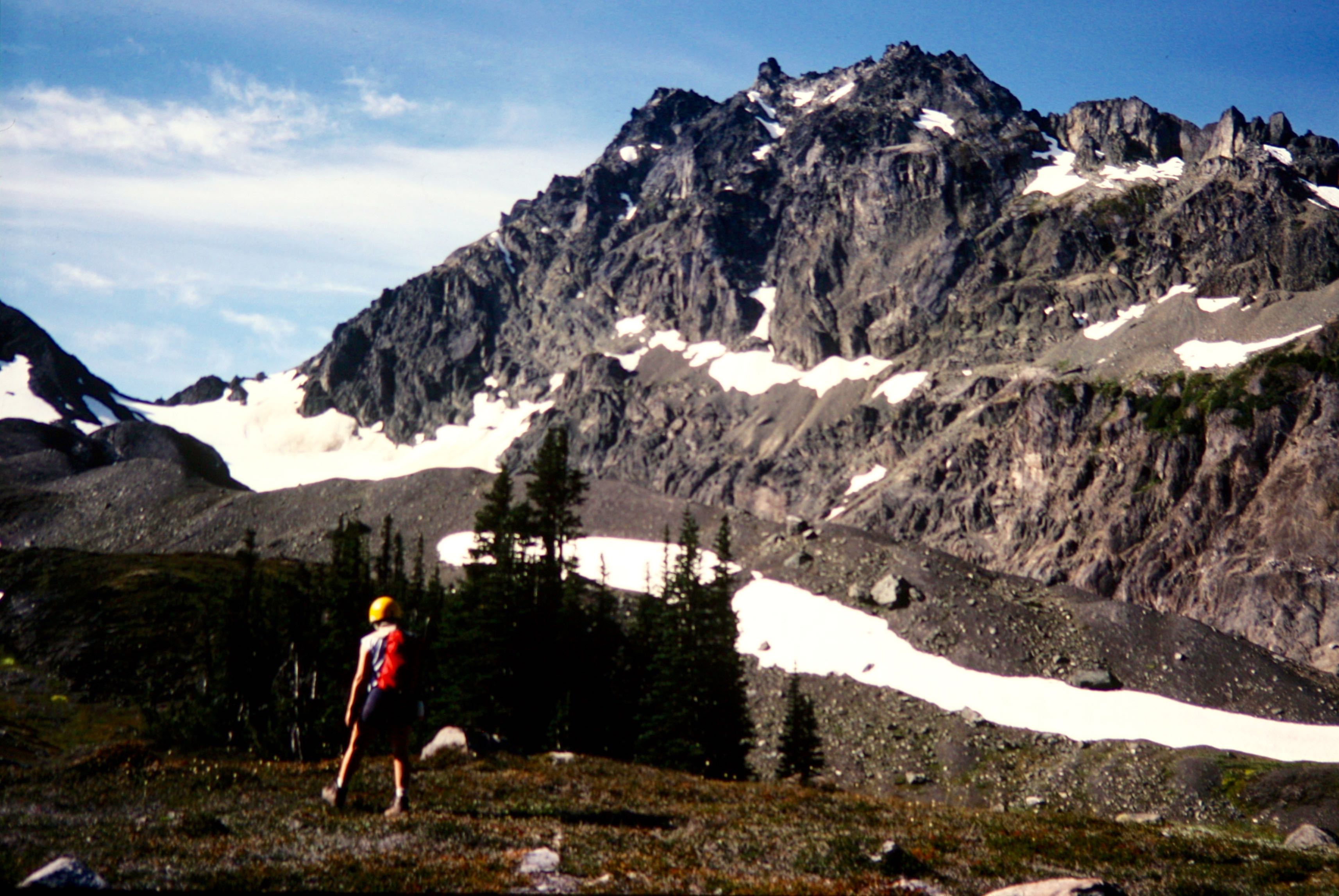 A hiker walks through a grassy meadow below the dark cliffs of Mt Mystery