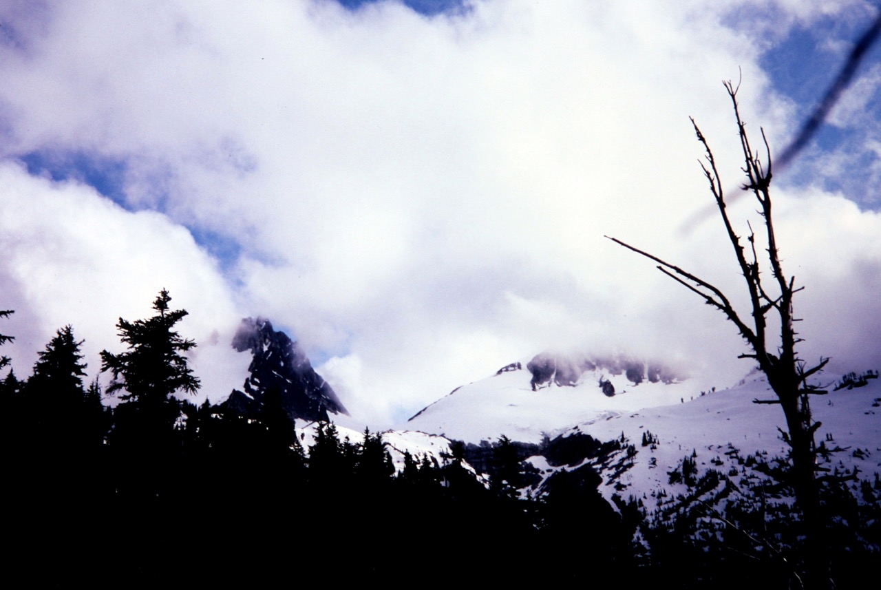 Looking up at Borealis Pass from mountain climbers camp marking the start of the Inspiration Traverse in the North Cascades
