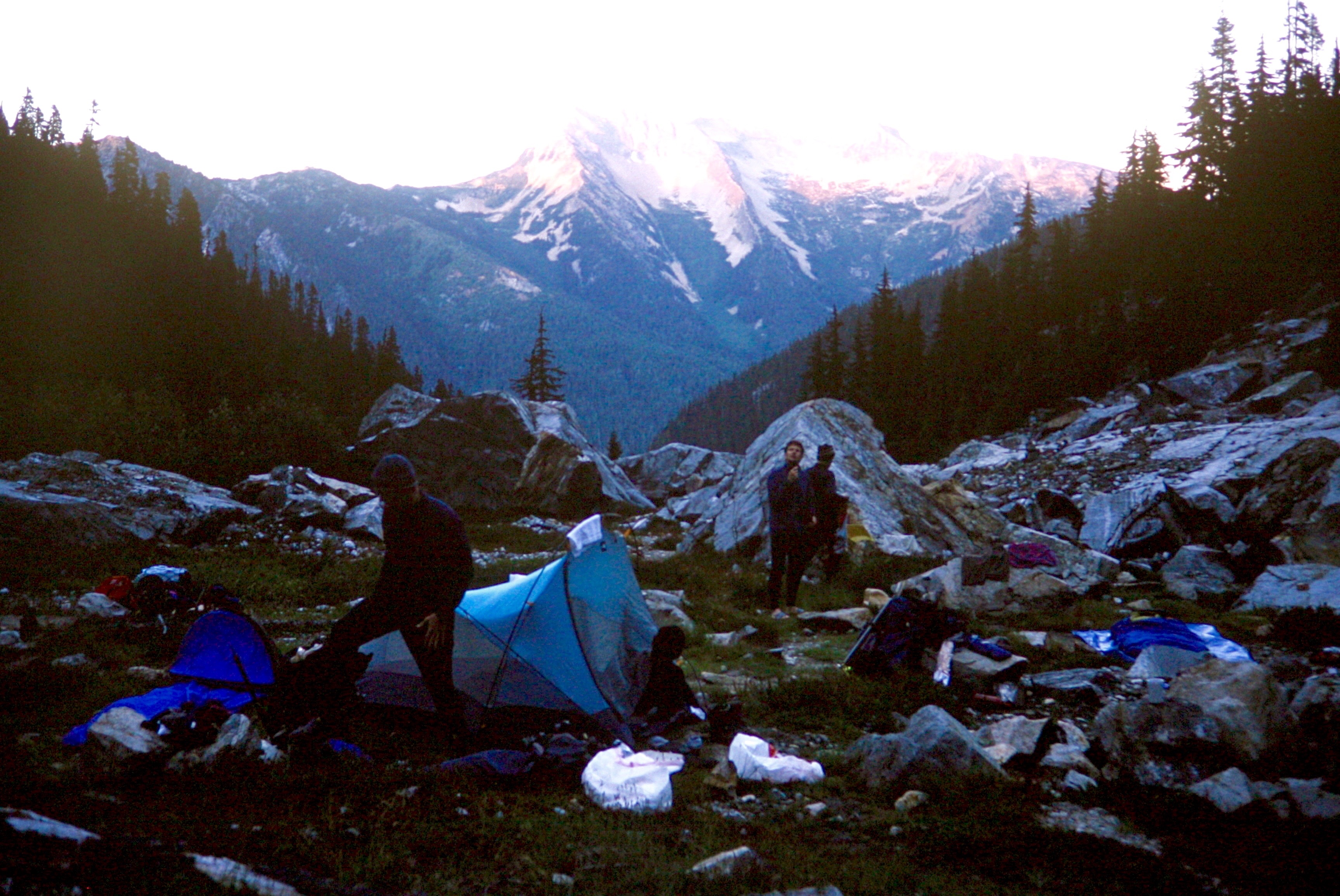 mountain climber camp in Access Basin in the evening light with mountains in the background