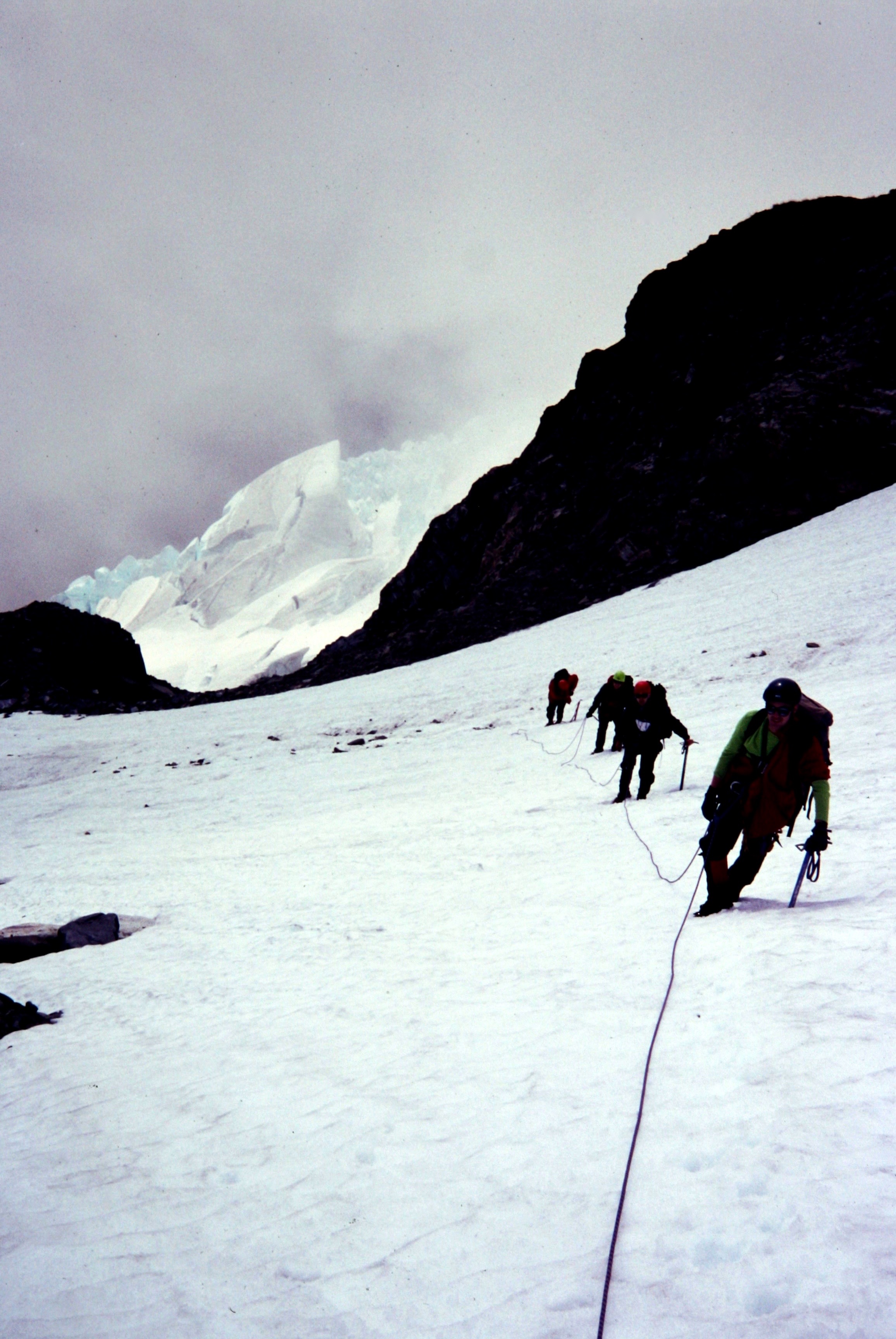 roped mountain climbers ascending the Mt Fury Glacier