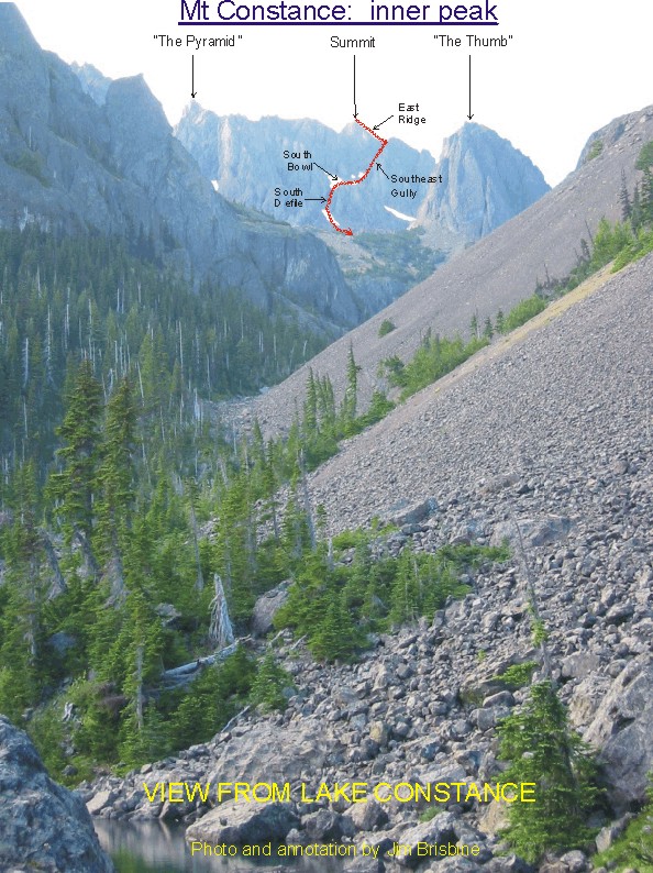 Inner Mt Constance Peak in the Olympic Mountains route photo with nomenclature as seen from Lake Constance
