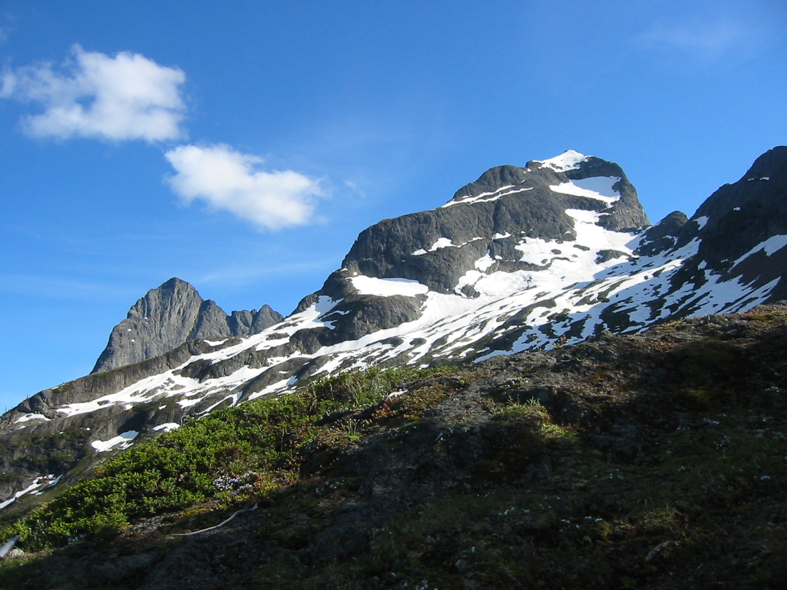 Forest slopes lead up to the two peaks of Hozomeen Mountain