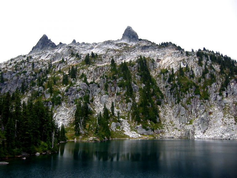 The Bulls Tooth forms a sharp rock horn atop a granitic ridge above Doelle Lake
