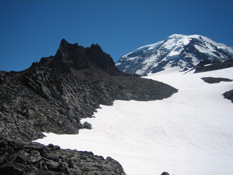 Looking up Flett Glacier at Mt Rainier and Echo Rock