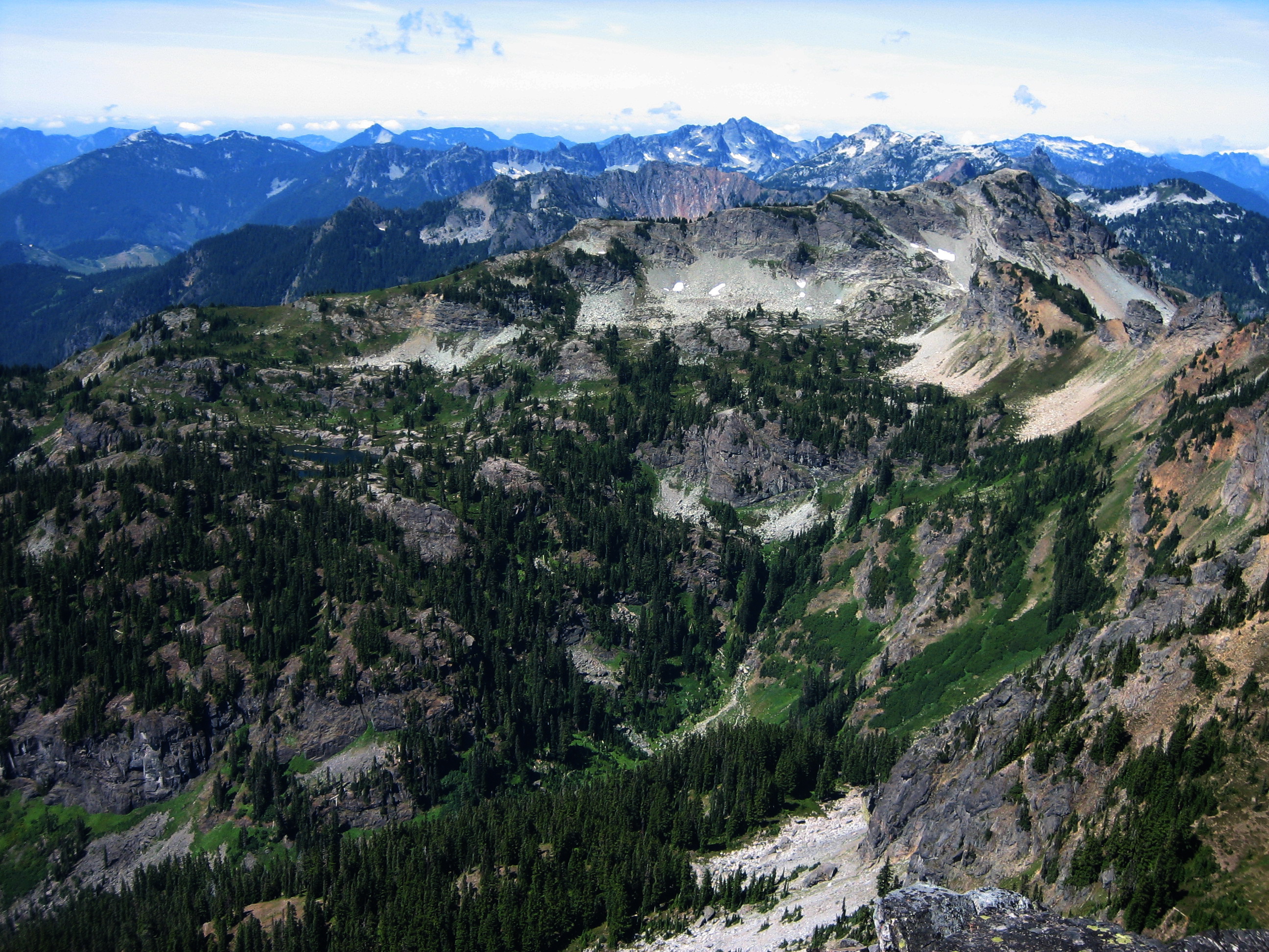 Lila Lake and Alta Mountain in the Snoqualmie Mountains from the summit of Hibox Peak in the Alpine Lakes Wilderness