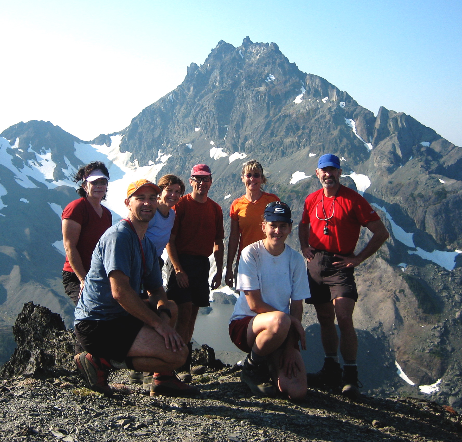 Group of backpackers At Royal Pass With Mt Mystery in the background