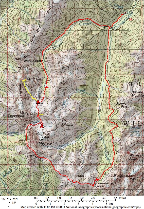 Olympic Mountains Gunsight Pass Loop Map with Topo lines 
