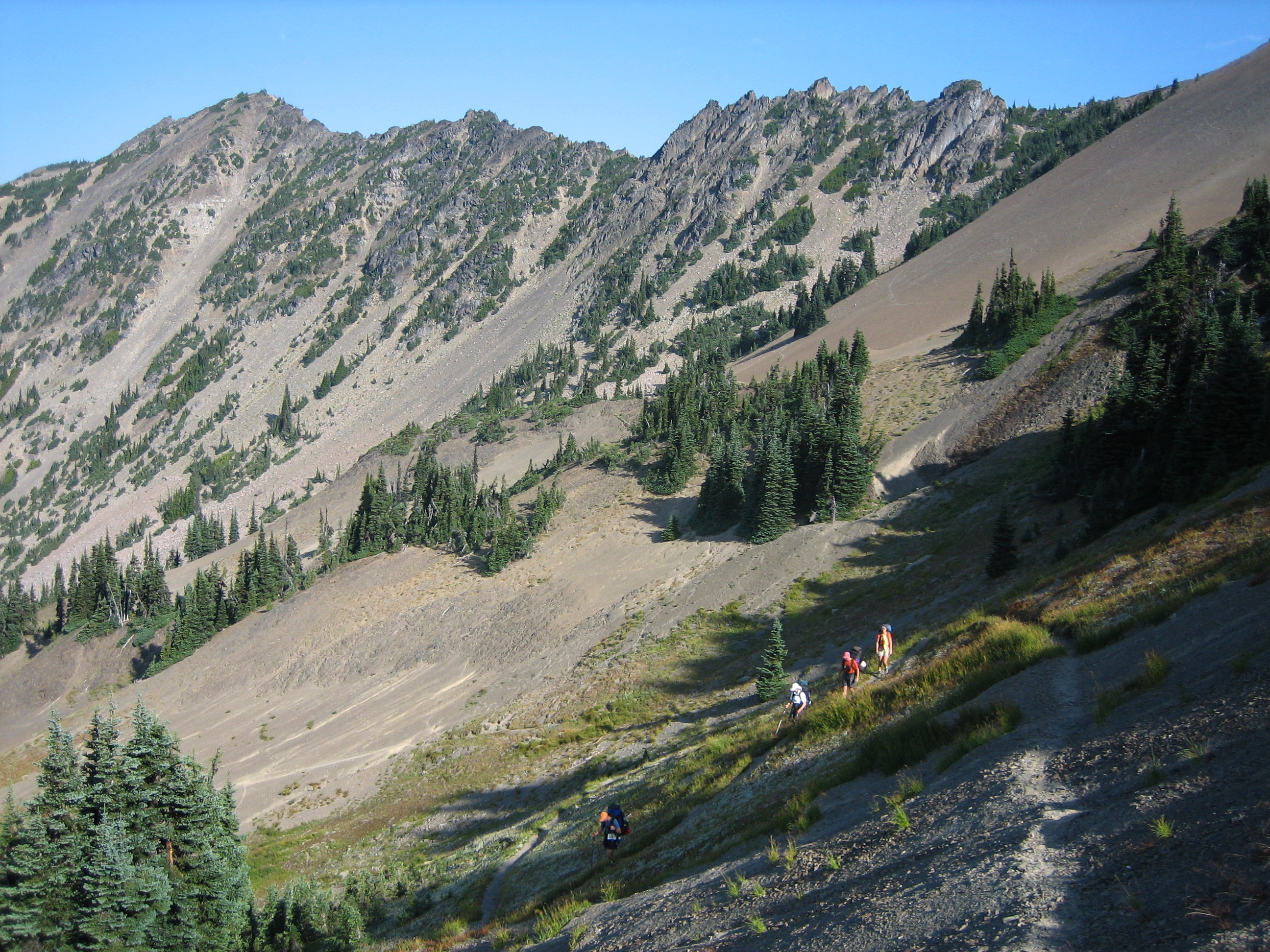 Mountain climbers hiking down trail toward Sunnybrook Meadow in the Olympic Mountains rugged ridges in the background