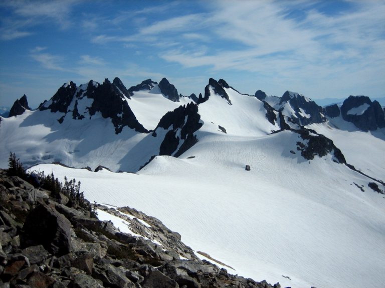 Mt Hagan with a large snow field as seen from Mt Blum ridge during the Blum-Hagan Traverse in the Lower Skagit Mountains