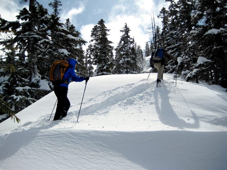 Two backcountry skiers ascend South Thetis Ridge in deep snow