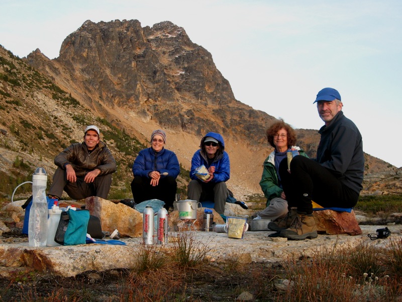 mountain climber dinner at camp under Tower Mountain in the Upper Methow Mountains
