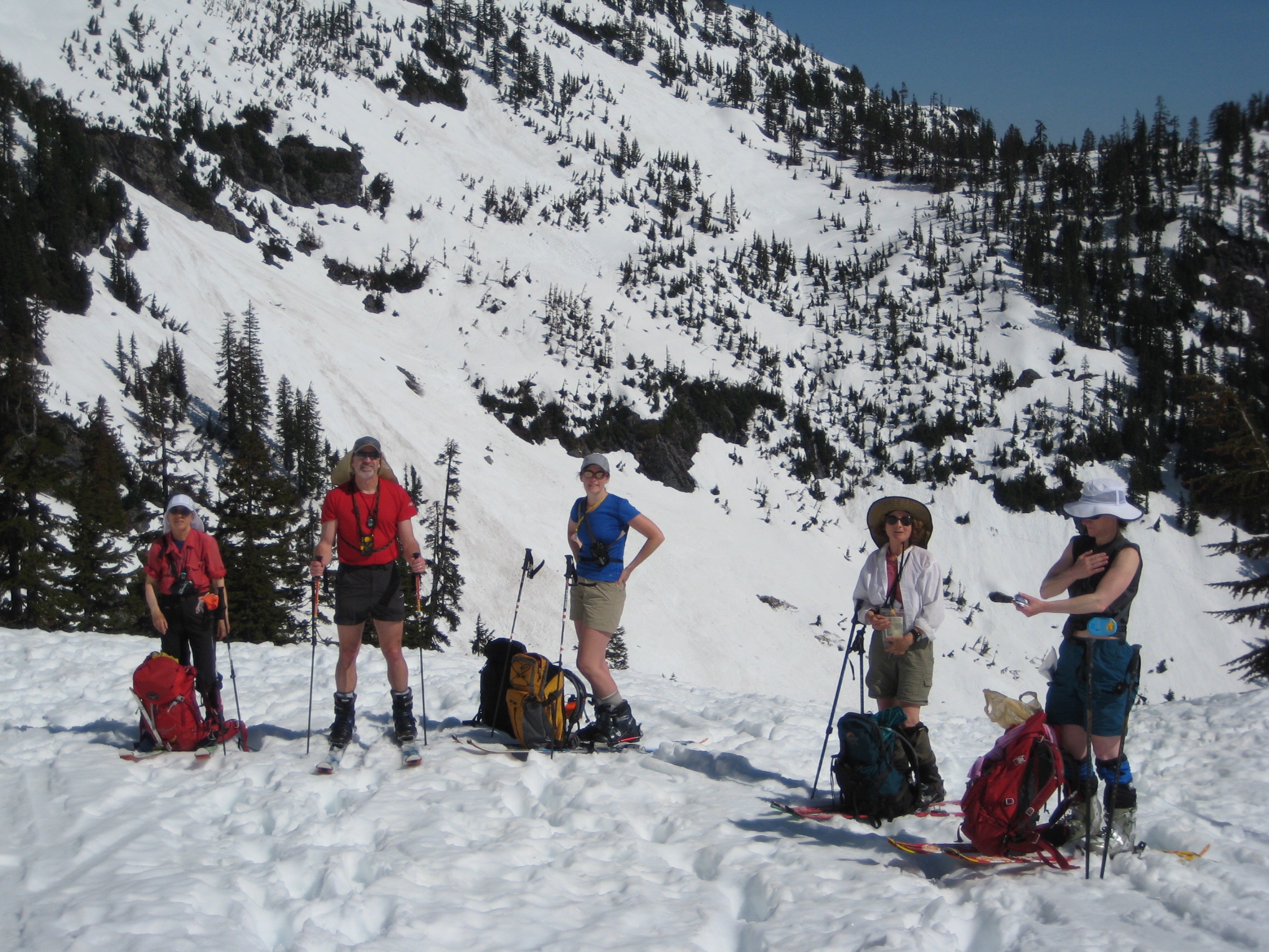 group of backcountry skiers in Pineapple Basin at the start of the Chair Peak Ski Circumnavigation