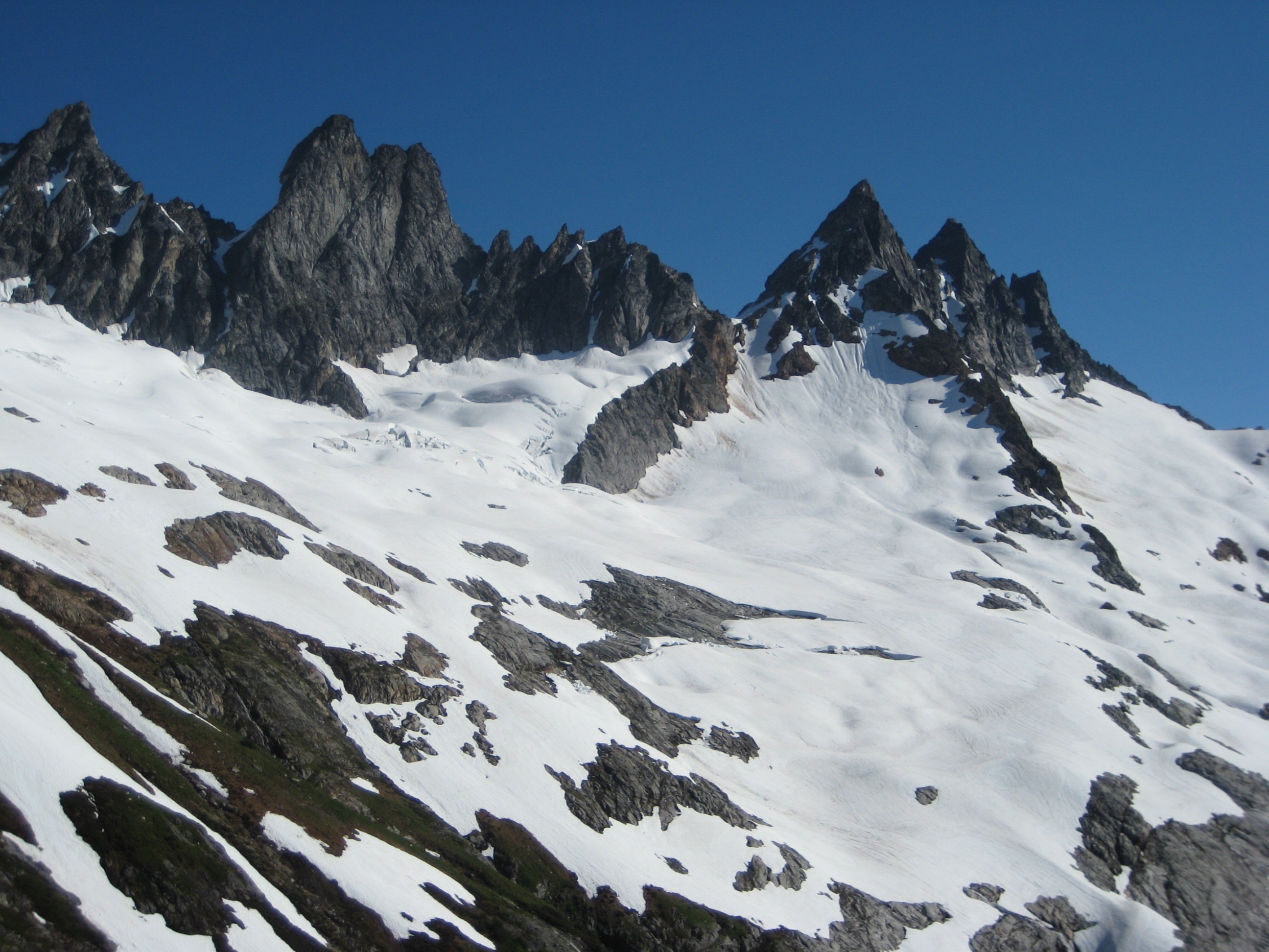 Inspiration Peak and McMillan Spires in the Southern Pickets as seen from camp below Mt Terror
