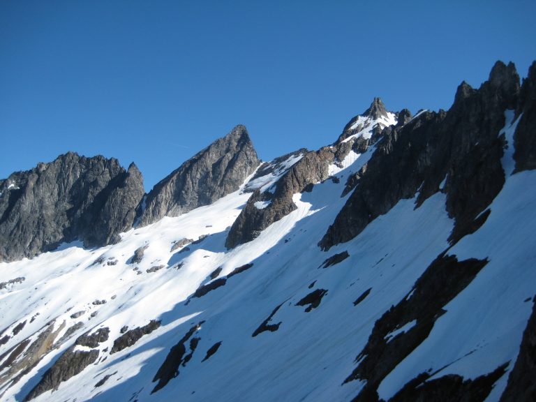 Shark-tooth shaped Mt Terror and Mt Degenardt rise out of a glacier in the Picket Range