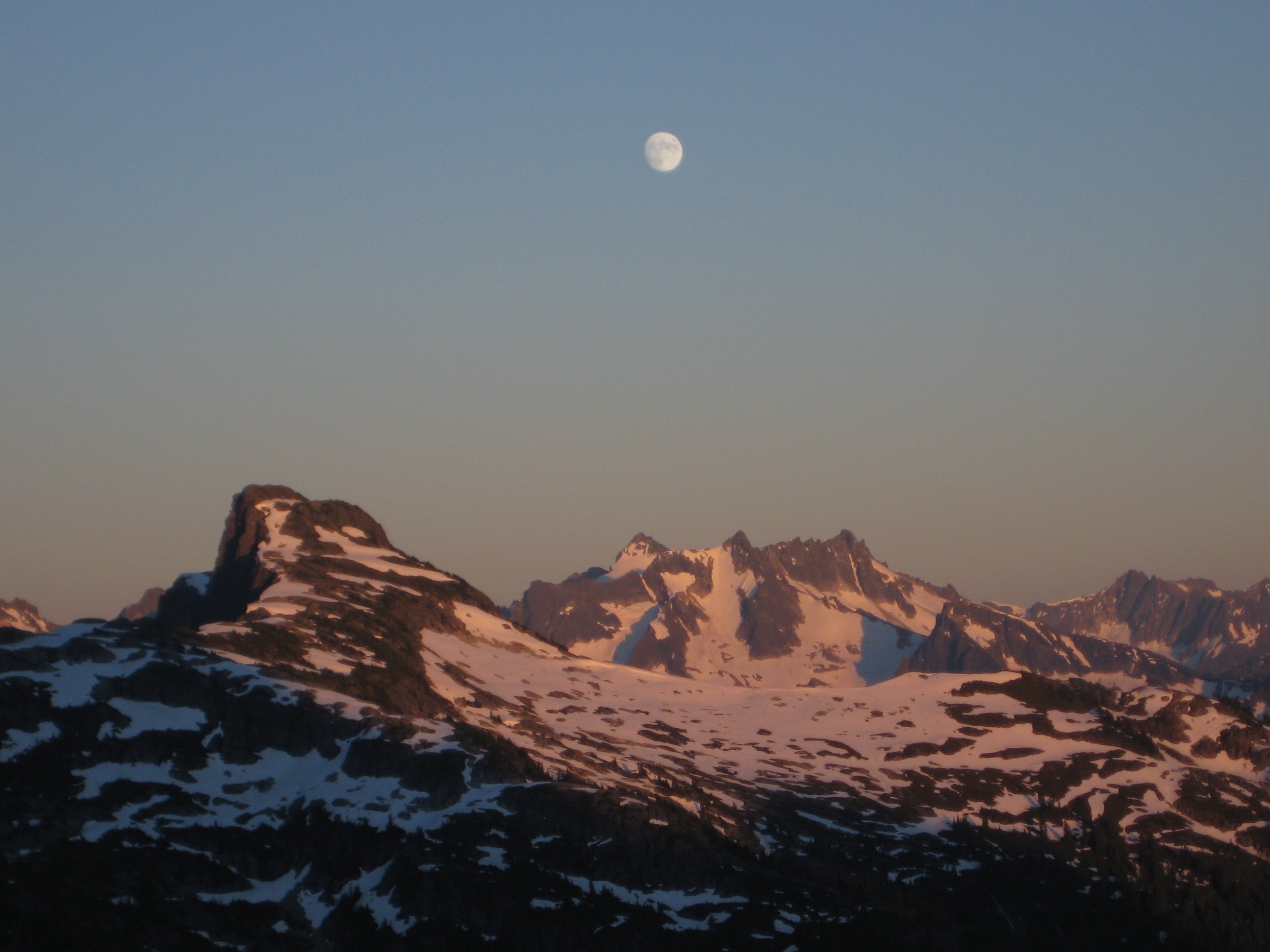 Moon over Snowfield Peak in the alpenglow