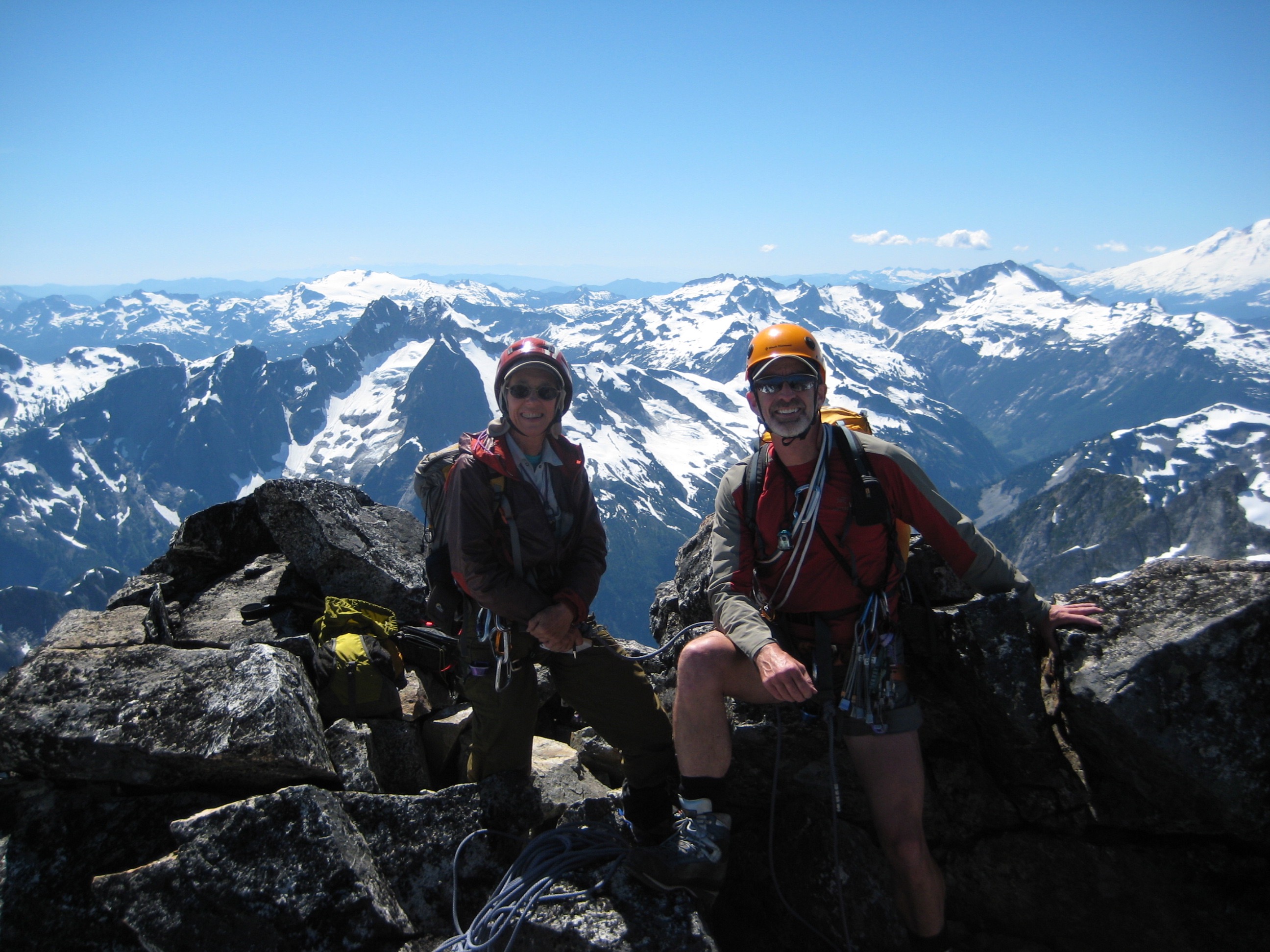 Roped mountain climbers on the rocky summit of Mt Terror in the Southern Picket Range