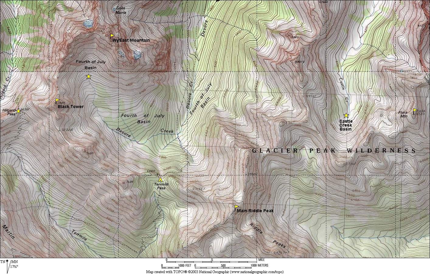 Route Map of the Tenmile Pass area in the Stehekin Mountains in Glacier Peak Wilderness