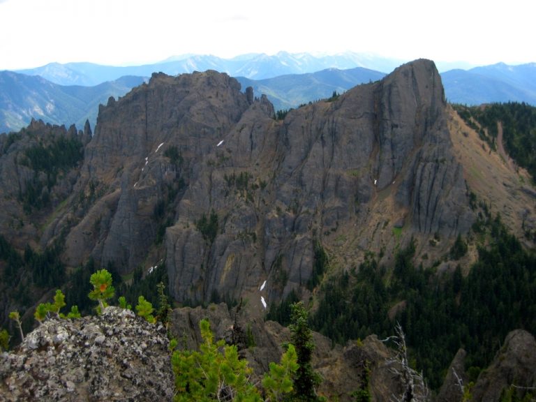 Looking across a ravine at craggy Fifes Peaks