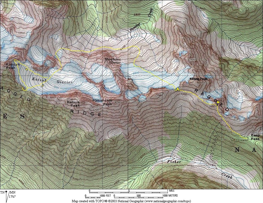 Route map with topo lines of Ragged Ridge Katsuk Cirque in the North Cascades