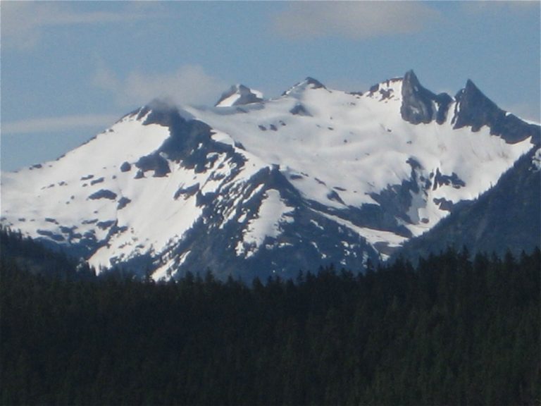 Massive glaciated Mt Prophet stands above a green forest in North Cascades National Park