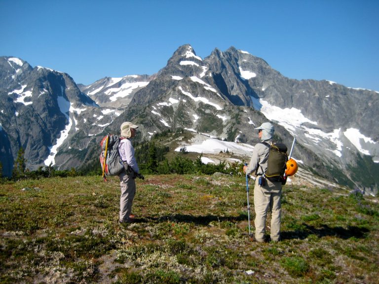 Two hikers stand on a grassy hill below the rugged Devils Tongue peak