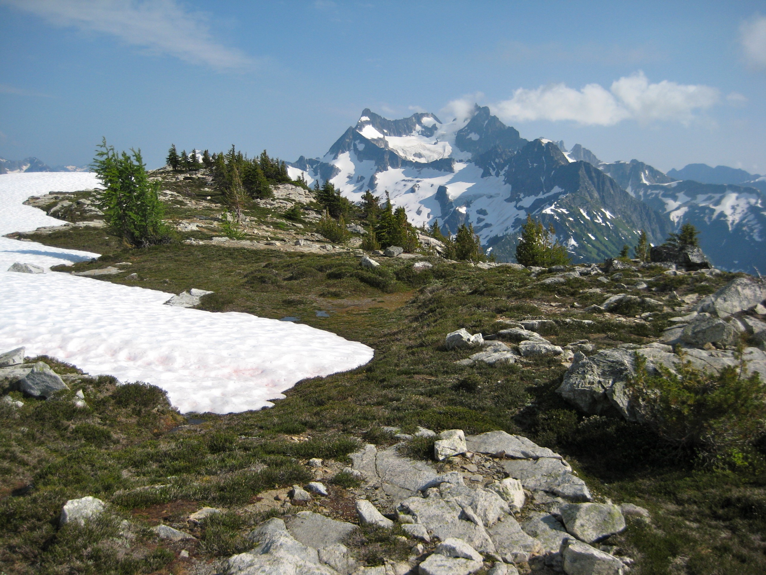 Rugged Mt Logan lies beyond an alpine bench of heather and snow during Ragged Ridge Traverse