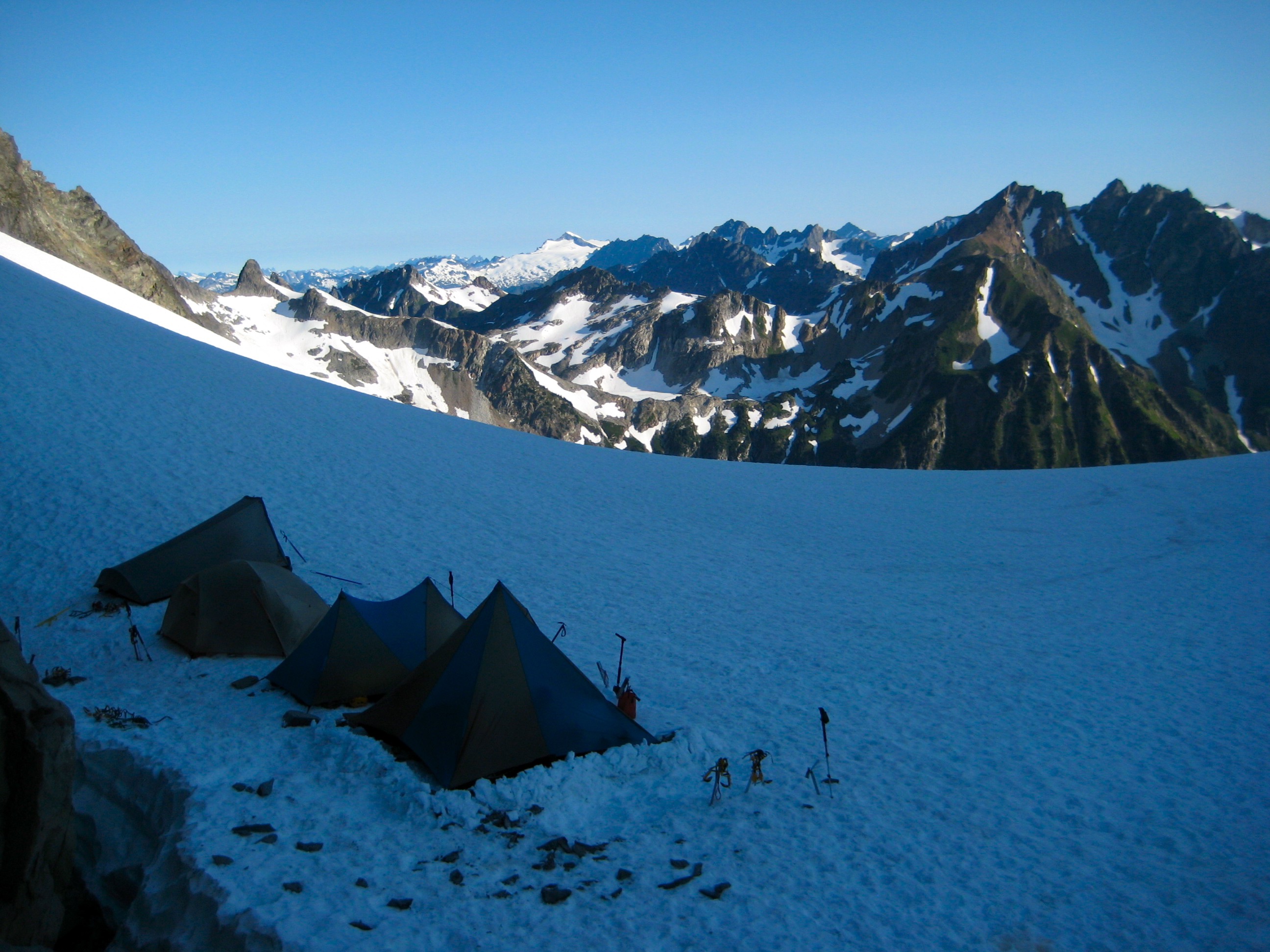 mountain climber's camp on the snow at the Dana-Dome saddle on the Ptarmigan Traverse