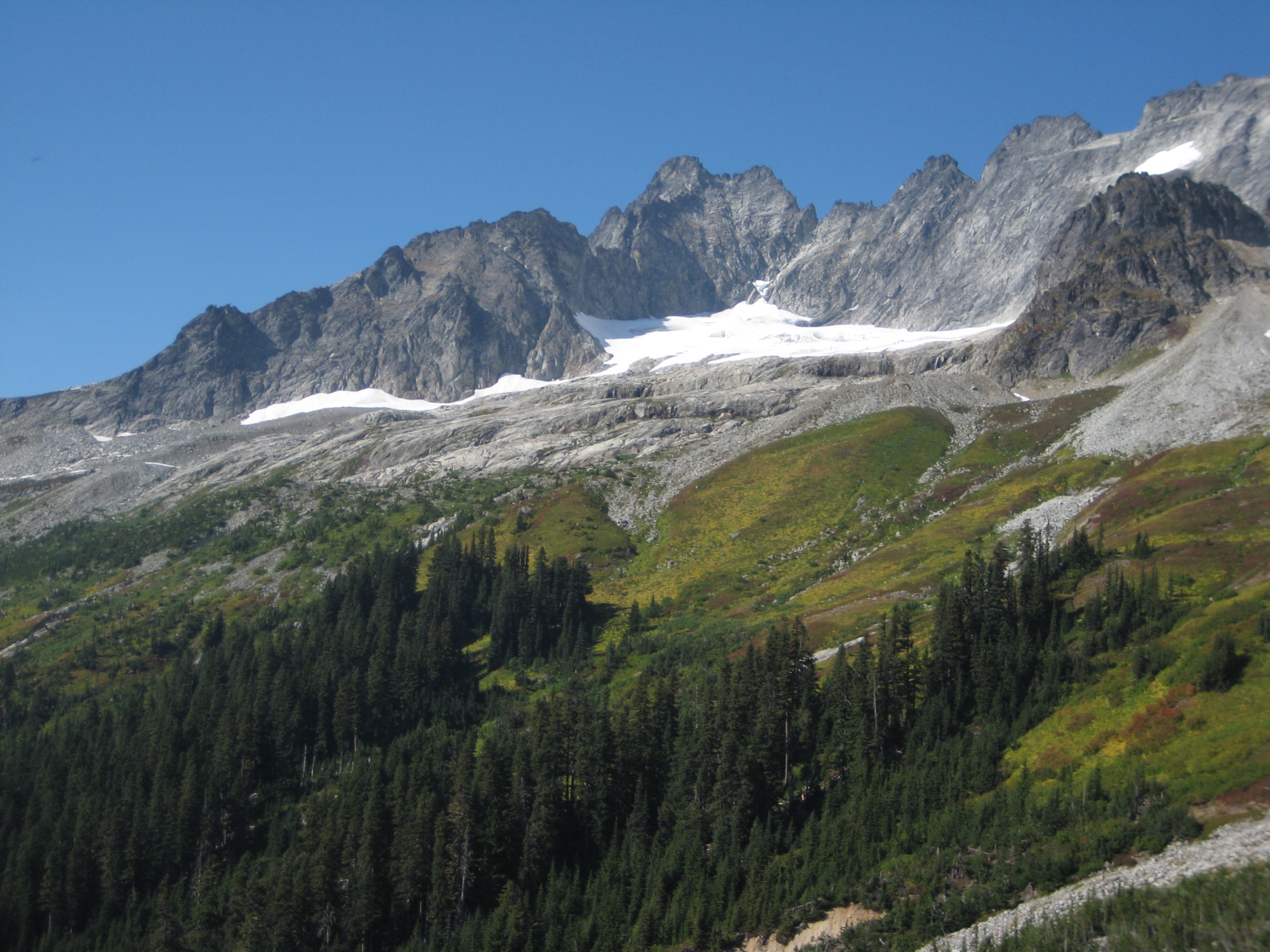 Green meadows of Boston Basin sweep upward to a rocky Mt Torment