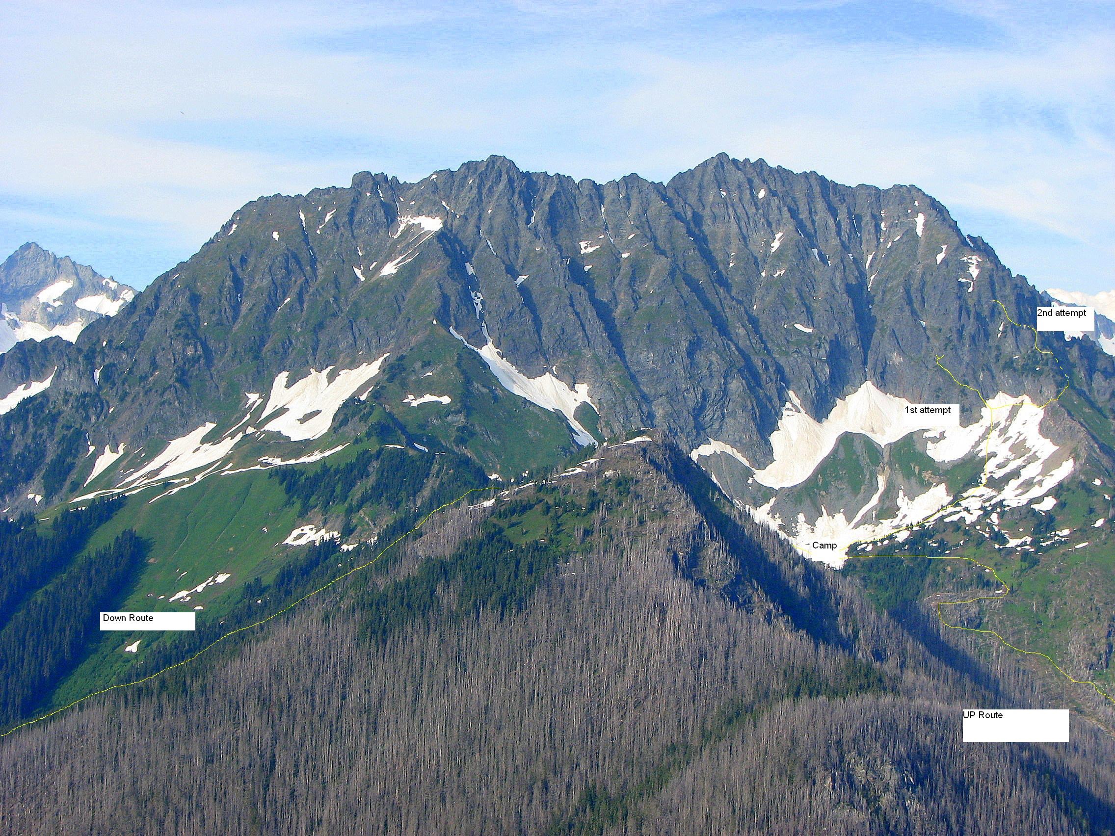 A climbing route is shown on the broad south face of Johannesburg Mountain