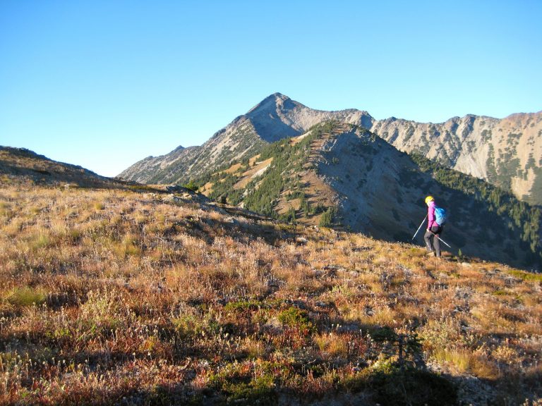 A hiker walks up a grassy slope leading to Blizzard Peak across from Mt Winthrop in the Chuchuwanteen Mountains
