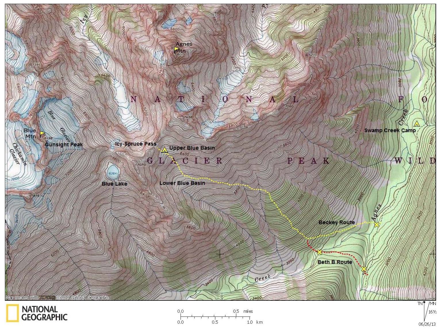 Map of ascent route to mountain climbers camp in Upper Blue Basin with flags on Gunsight Peak and Agnes Mountain