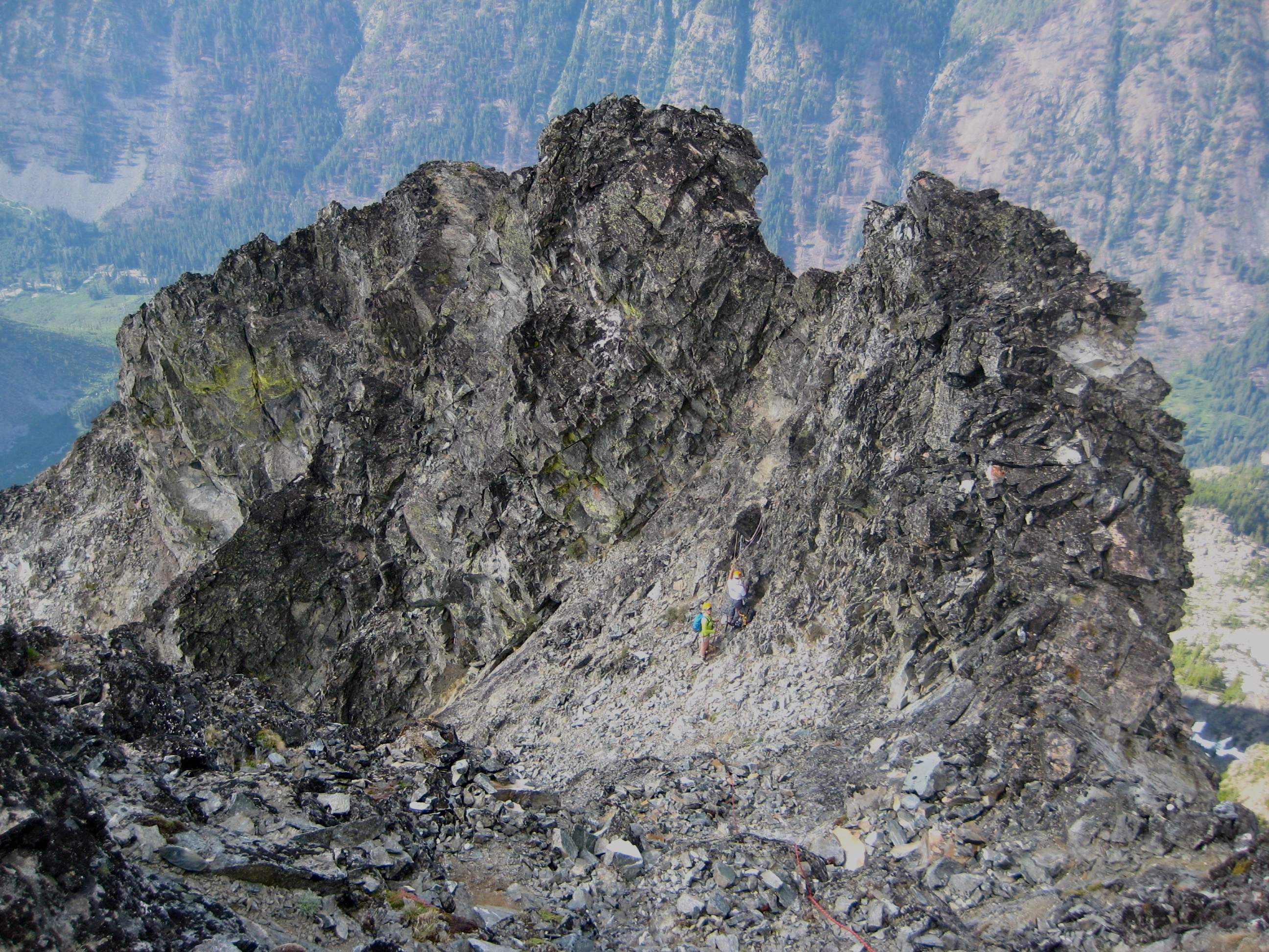 looking down the rock face of Agnes Mountain in the Glacier Peak Wilderness