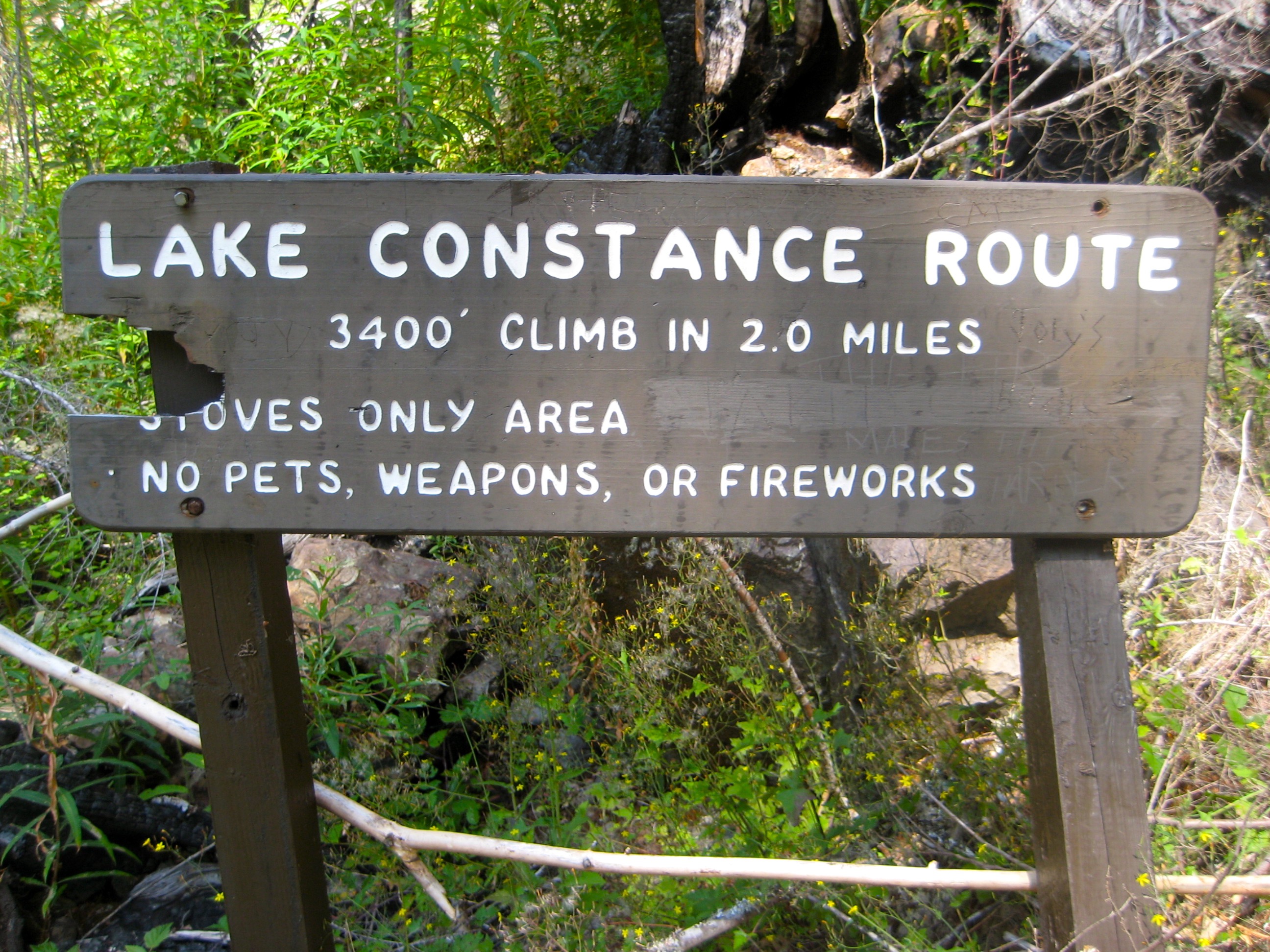 Lake Constance Route trail wood sign in the Olympic National Park