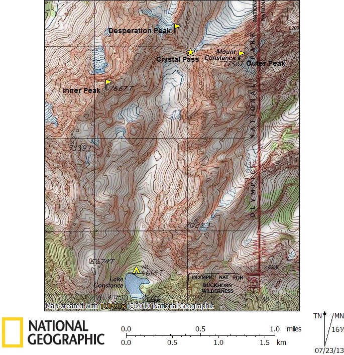 topo map of the Mt Constance area identifying climbers camp and peak goals in the Olympic Mountains