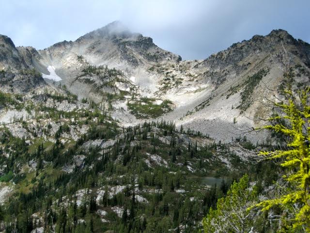 Bowan Mountain and Bowan Lake with high alpine terrain as seen from Rainbow Ridge in the Stehekin Mountains