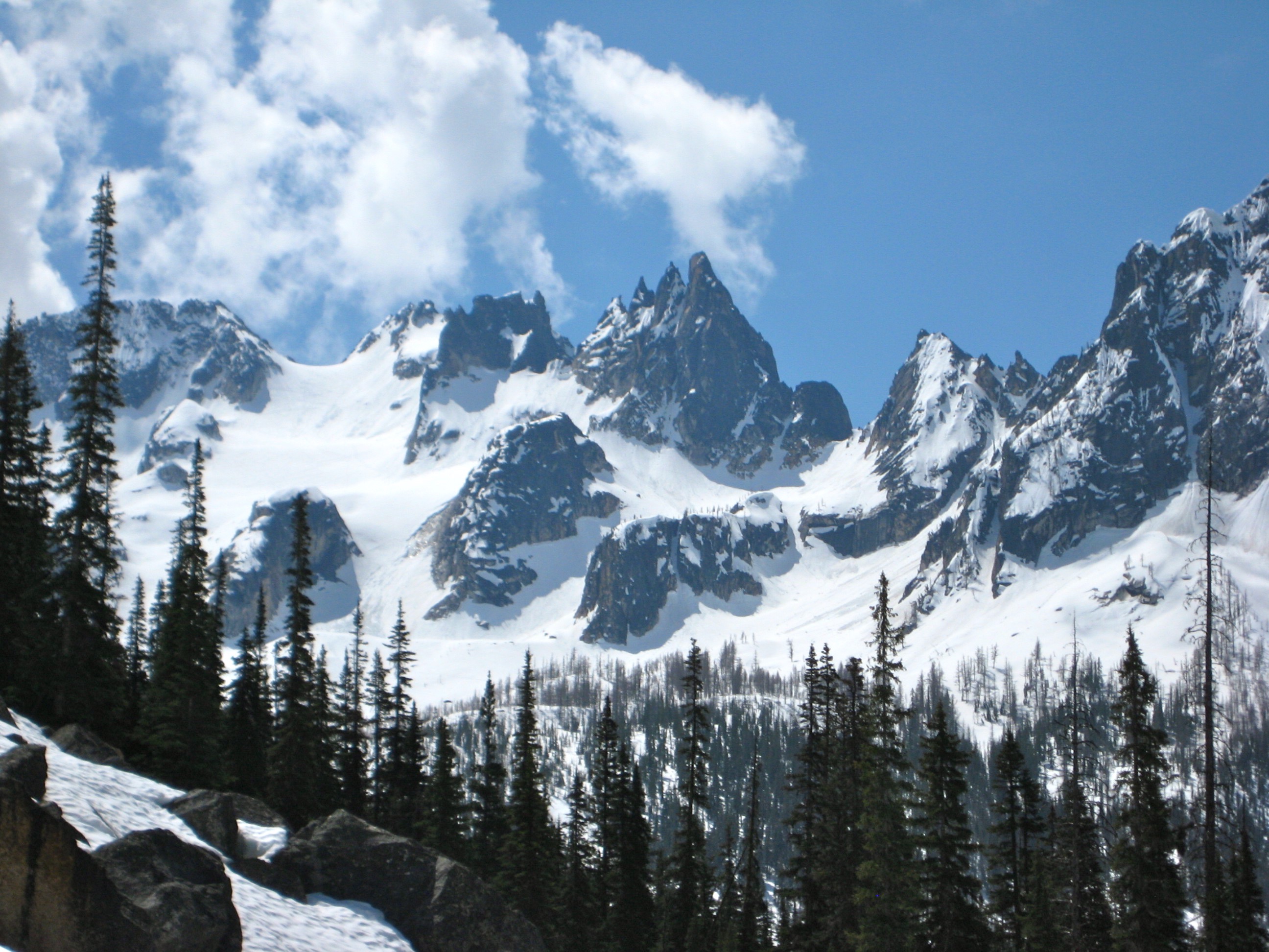 Looking up at Silver Star Mountain and the Wine Spires in the Mazama Mountains cloaked with glacial ice