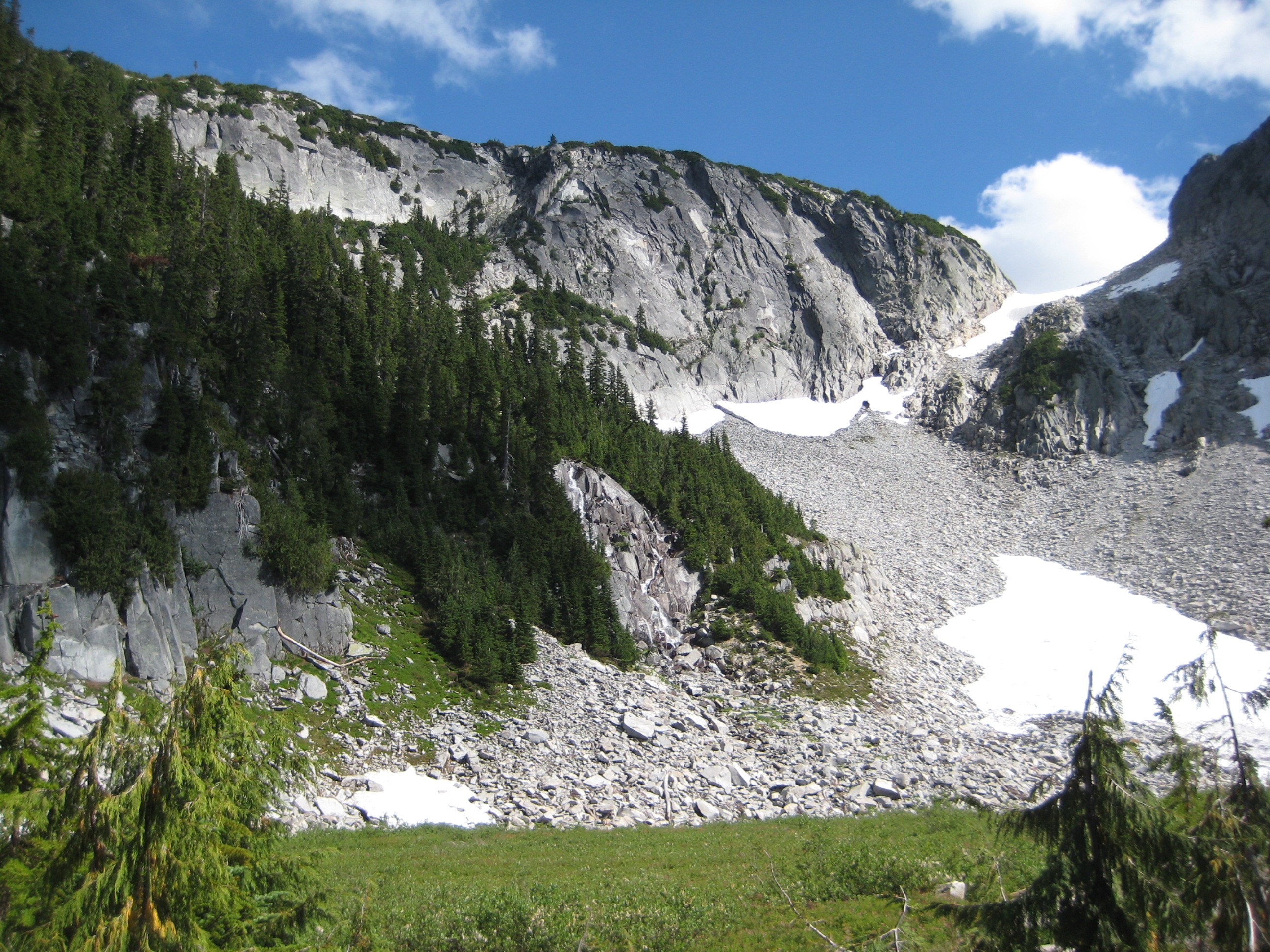 screen slopes with linguring snow patches below La Bohn Pass at the end of Necklace Valley in the Snoqualmie Mountains