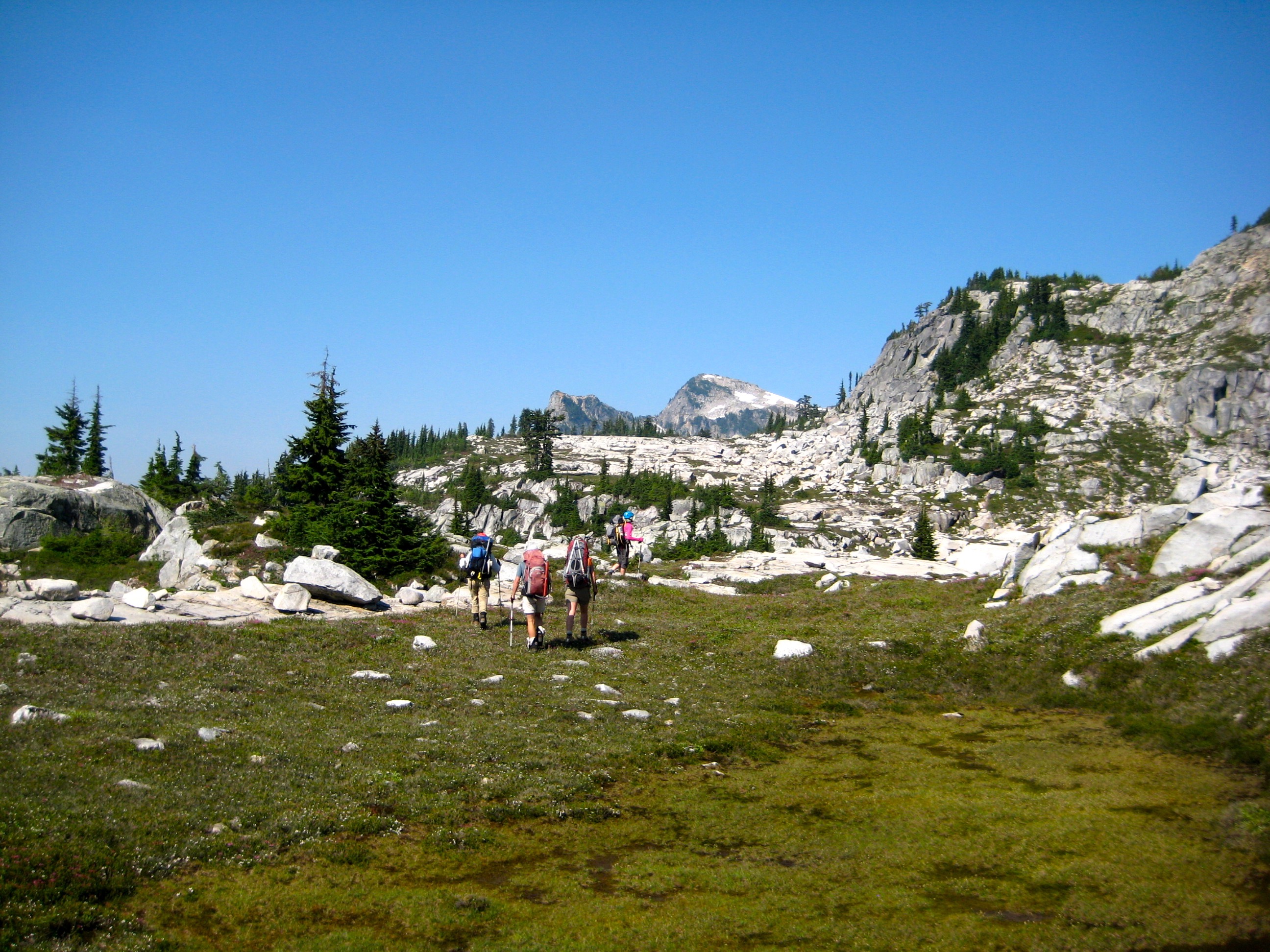backpackers hiking up heather meadows with granite rock slabs in the Alpine Lakes WIlderness