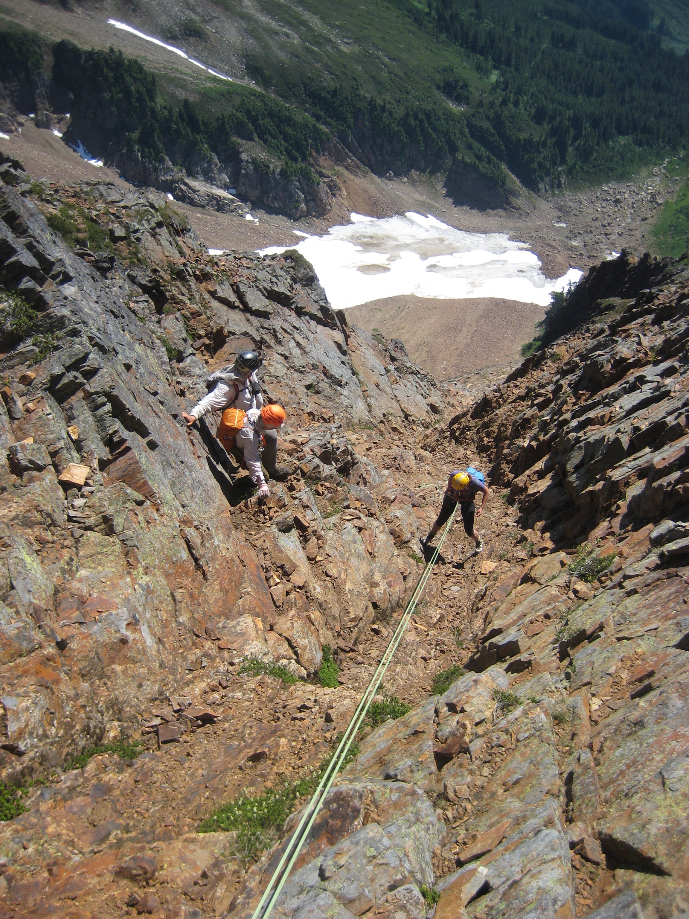 mountain climbers rappelling the loose gully on Mt Misch in the Glacier Peak Wilderness