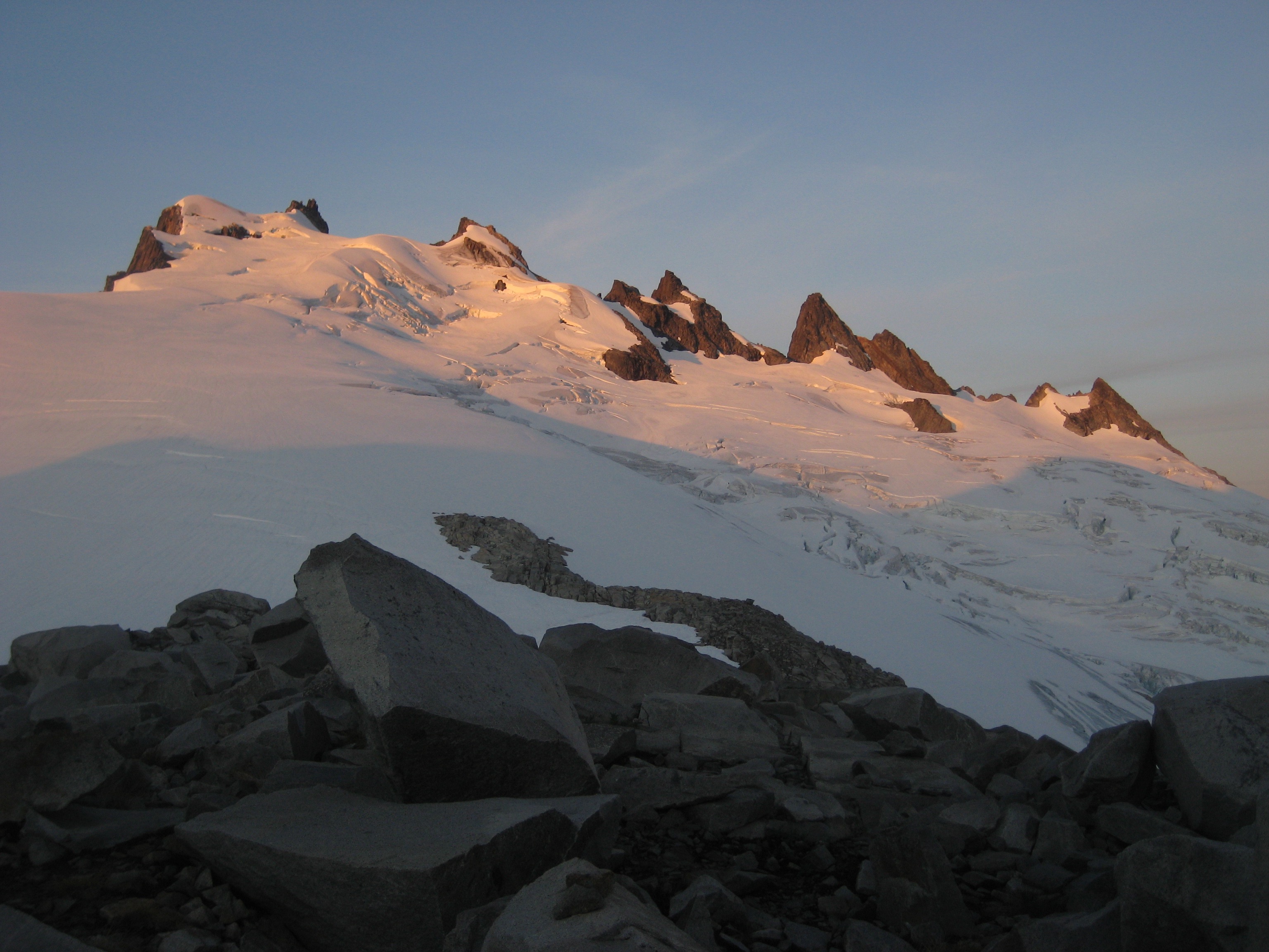 sunrise on Mt Challenger from climber camp on the Challenger moraine