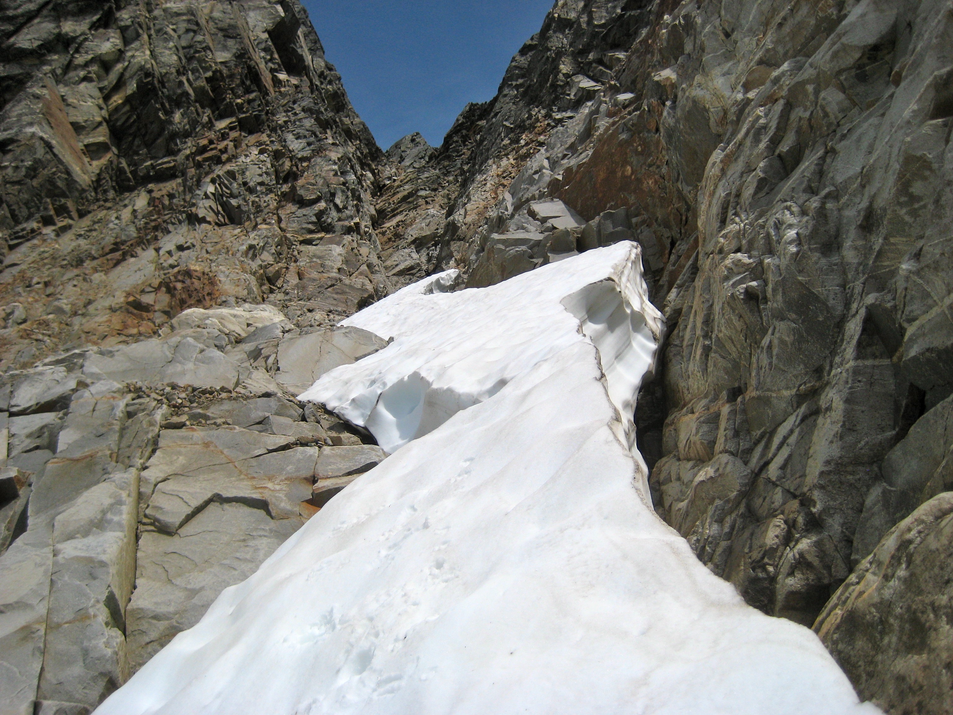 looking up the snow filled Crooked Thumb gully in the Northern Pickets